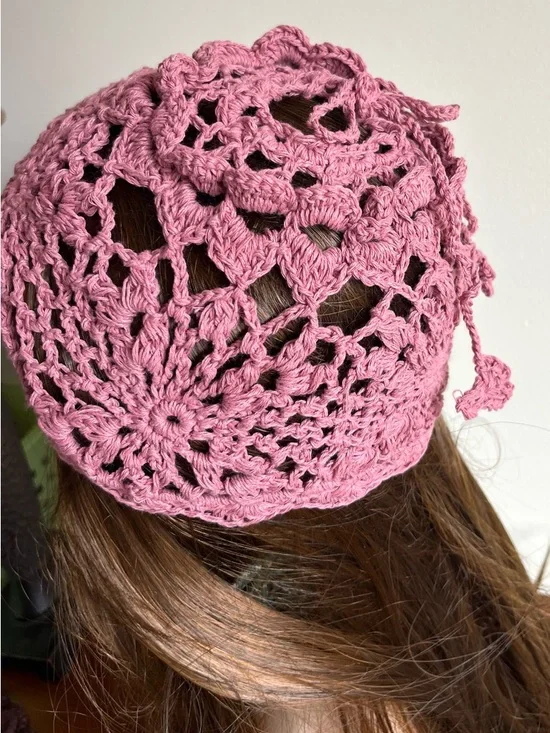 Handmade Crochet Ponytail Beanie in Dusty Rose - Picture 2 of 4